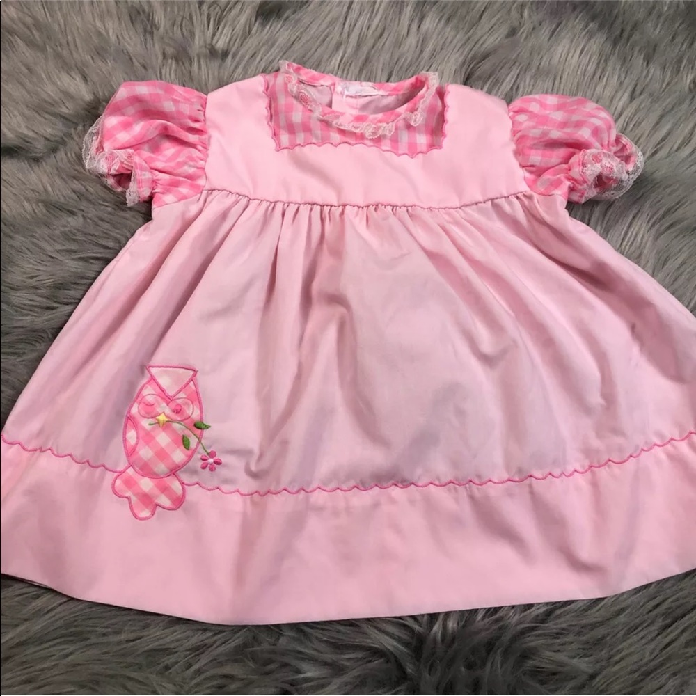 Vintage Baby Girls Dress Pink Checkered Owl Print
